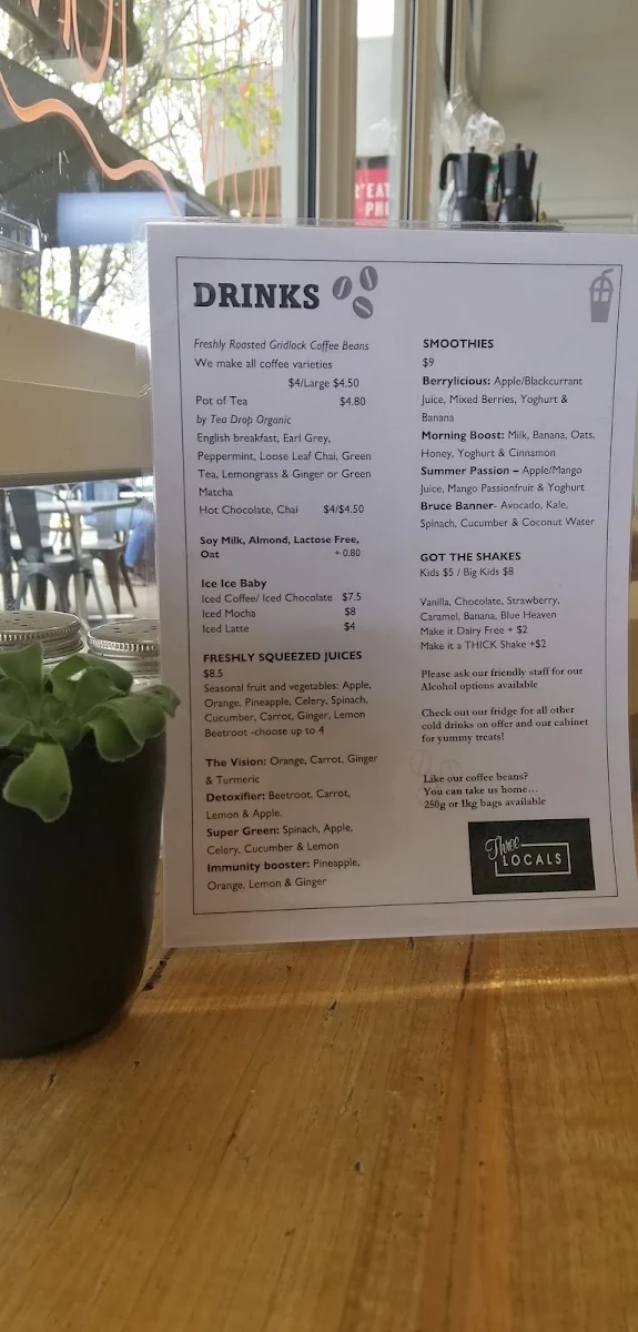 Menu, Three Locals Cafe, Fairfield