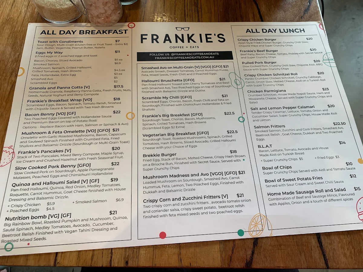 Menu, Frankie's Coffee and Eats