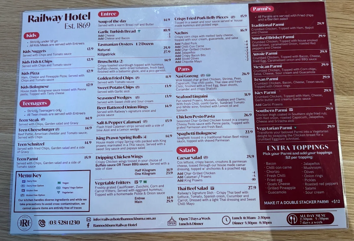 Menu, Bannockburn Railway Hotel