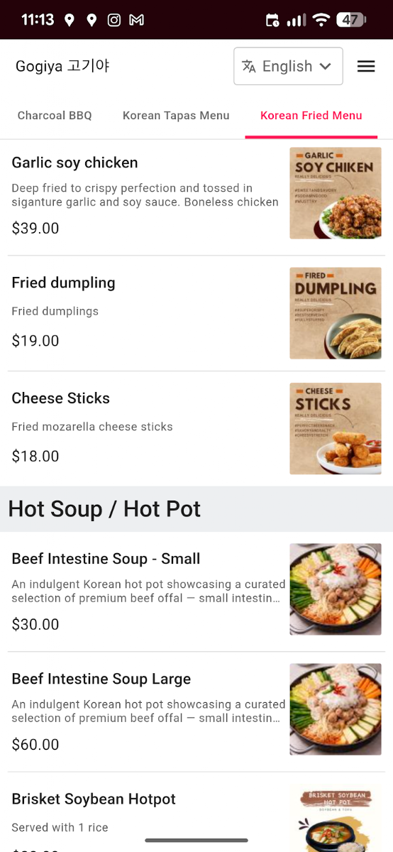 Menu, Suliya Korean Pocha x Gogiya Charcoal BBQ Lidcombe