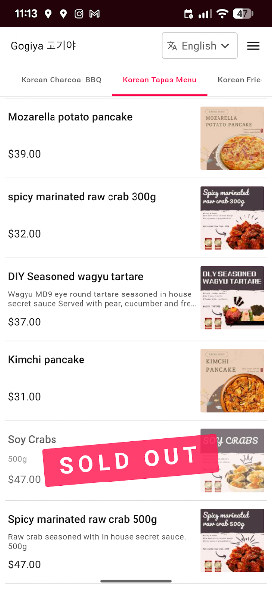 Menu, Suliya Korean Pocha x Gogiya Charcoal BBQ Lidcombe