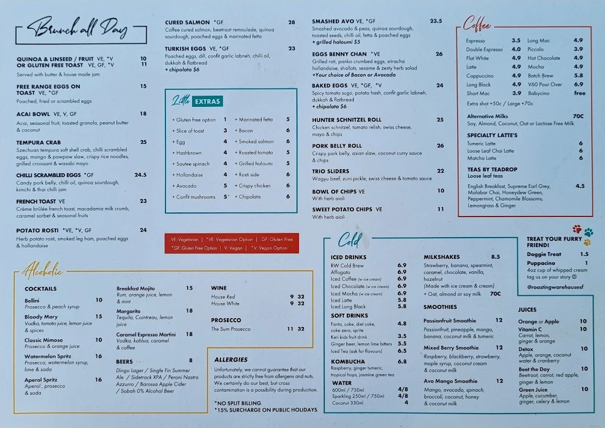 Menu, Roasting Warehouse South Fremantle
