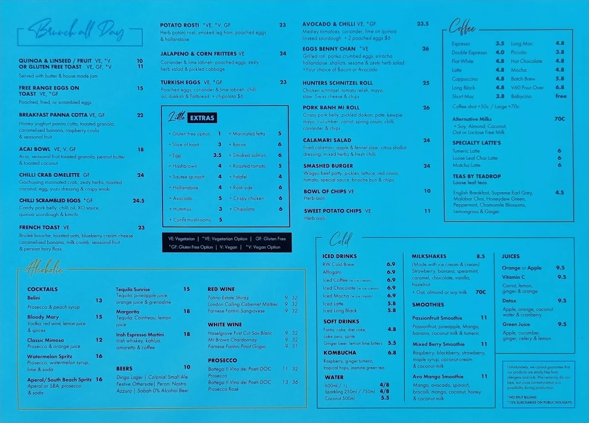 Menu, Roasting Warehouse South Fremantle