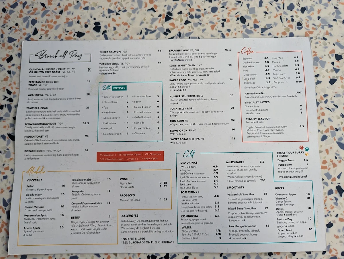 Menu, Roasting Warehouse South Fremantle