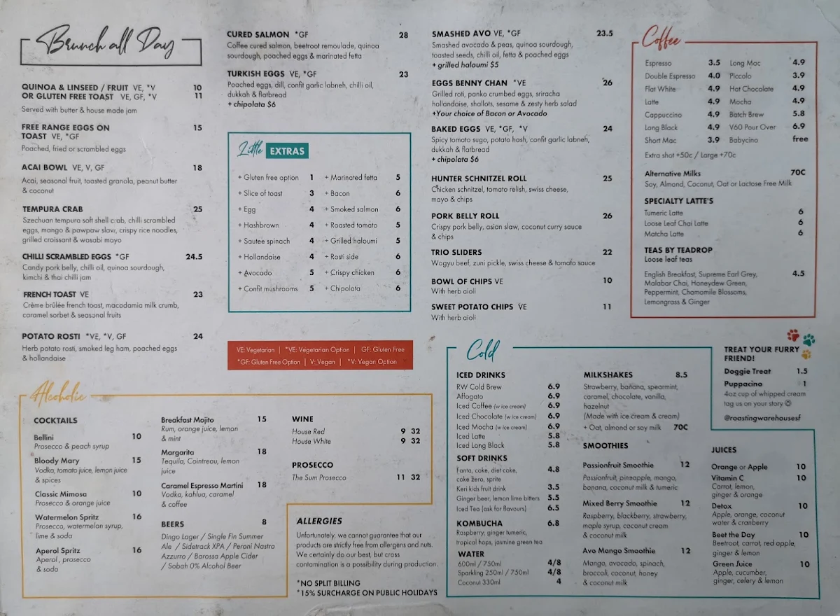 Menu, Roasting Warehouse South Fremantle
