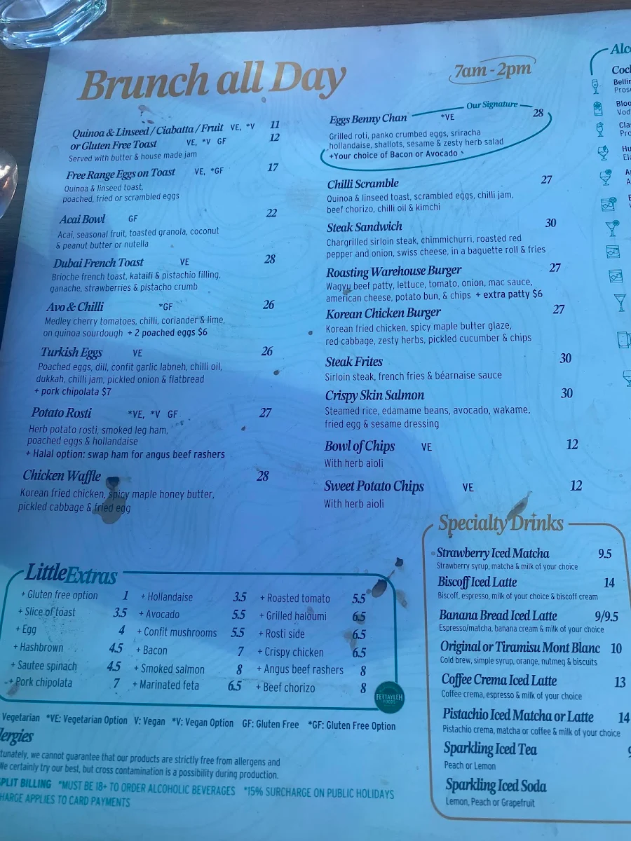 Menu, Roasting Warehouse South Fremantle