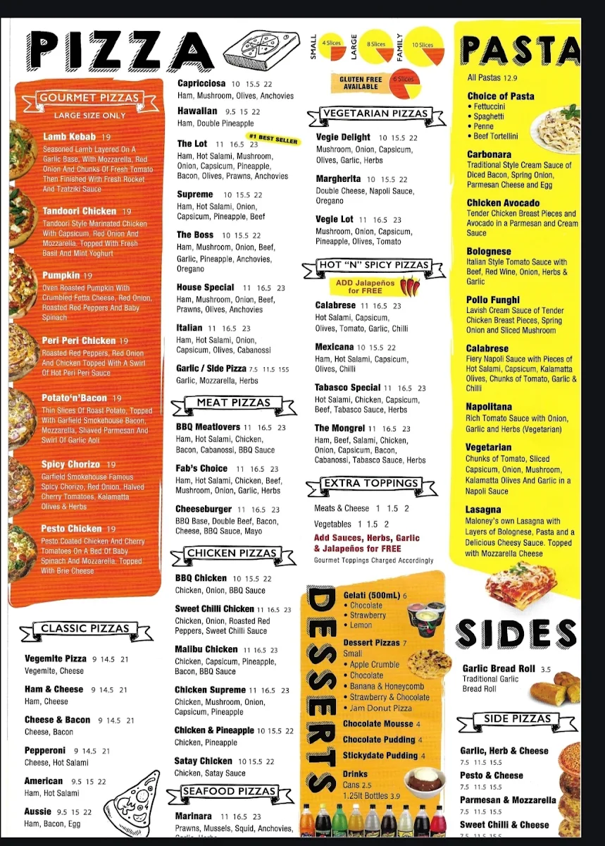 Menu, Maloney's Pizza Pakenham
