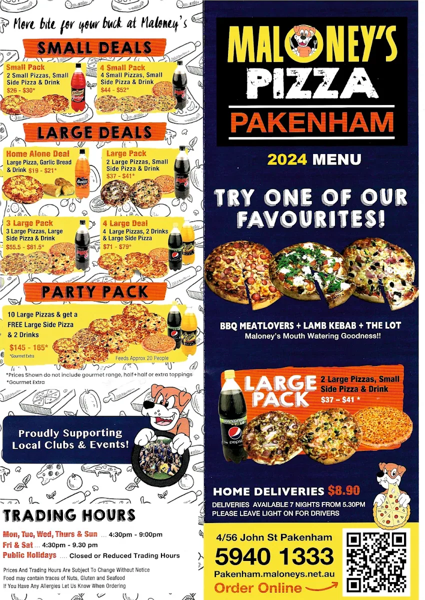 Menu, Maloney's Pizza Pakenham