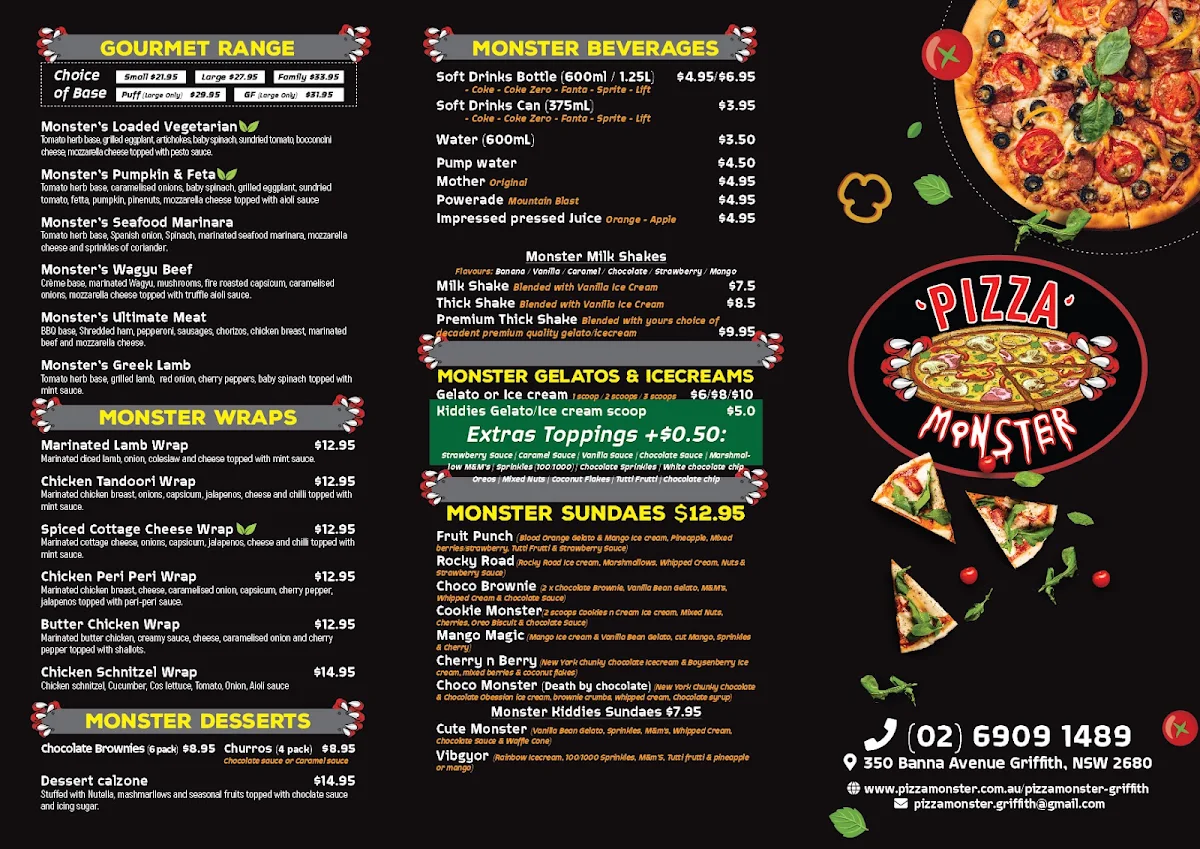 Menu, Pizza Monster Griffith