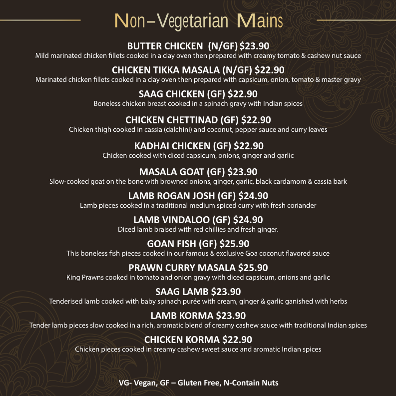 Menu, Mehmaan Indian Cuisine