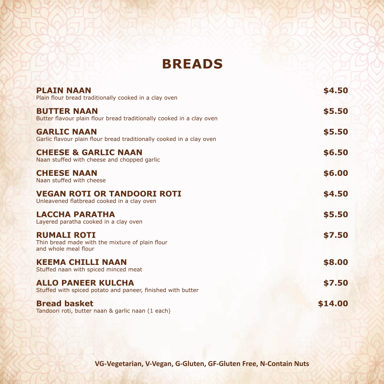 Menu, Mehmaan Indian Cuisine