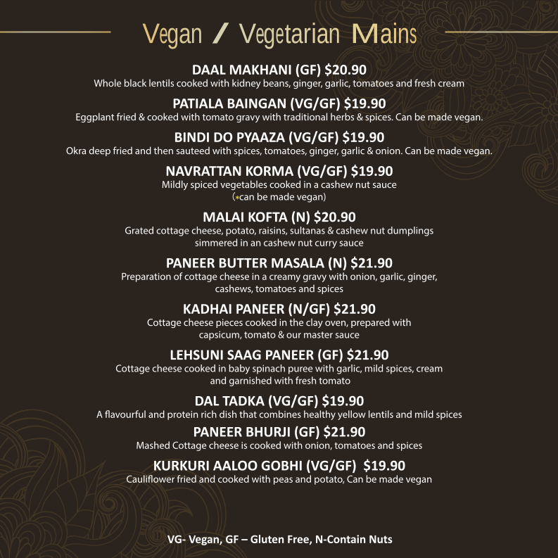 Menu, Mehmaan Indian Cuisine