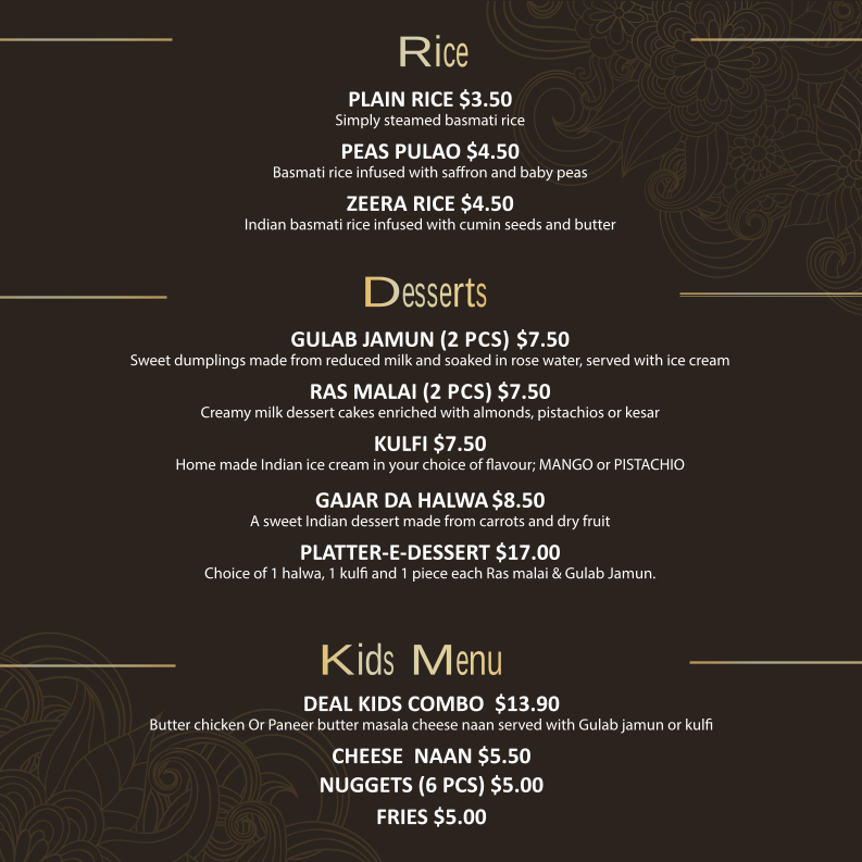 Menu, Mehmaan Indian Cuisine
