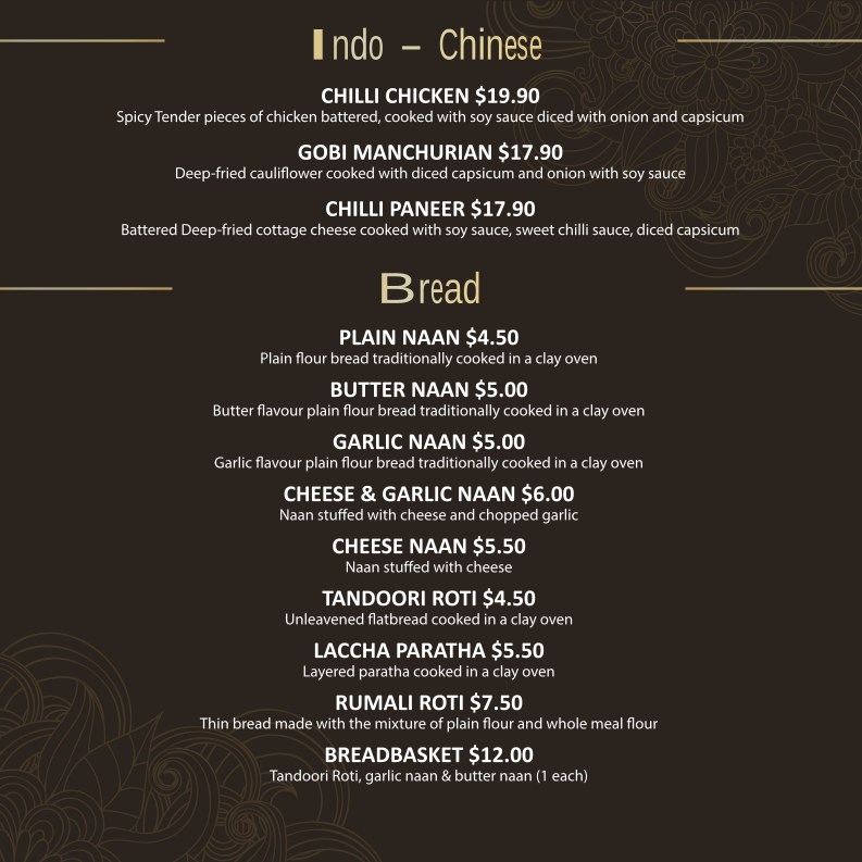 Menu, Mehmaan Indian Cuisine