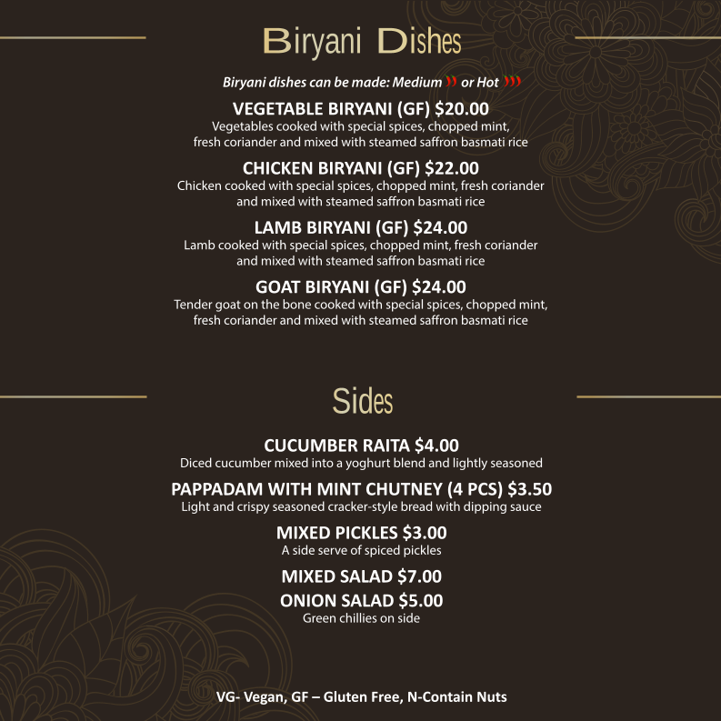 Menu, Mehmaan Indian Cuisine