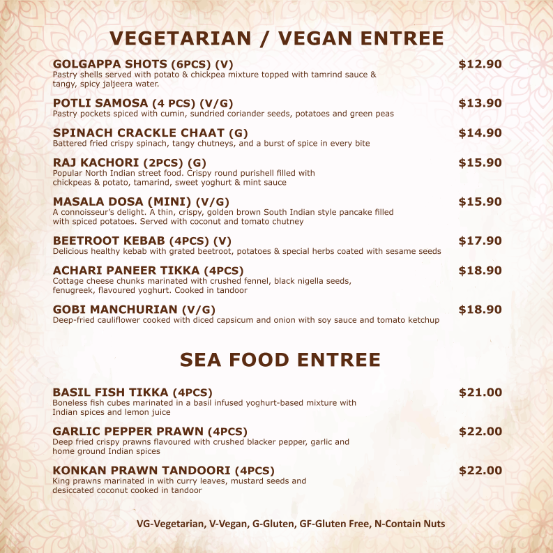 Menu, Mehmaan Indian Cuisine