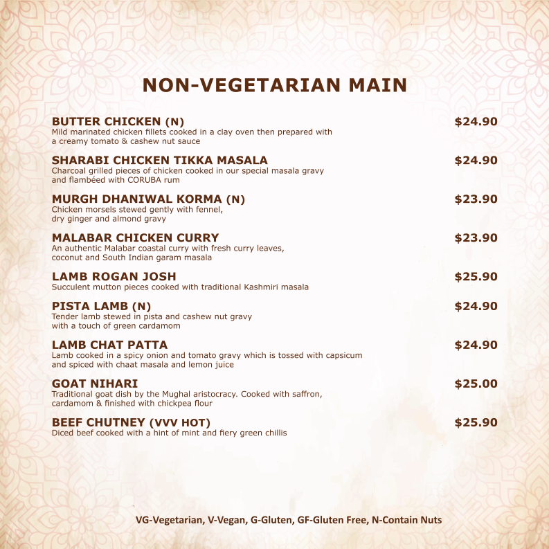Menu, Mehmaan Indian Cuisine