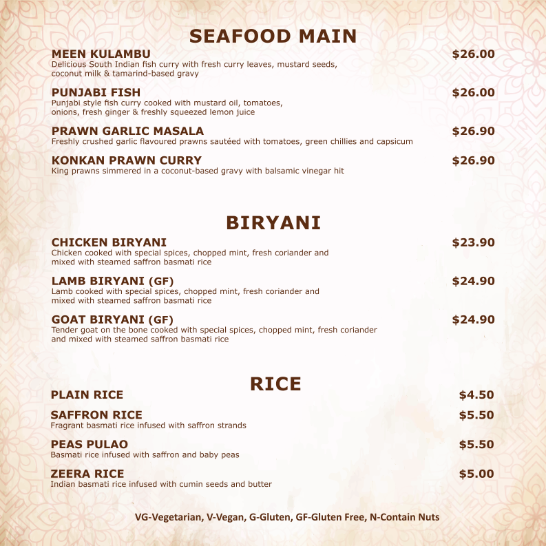 Menu, Mehmaan Indian Cuisine