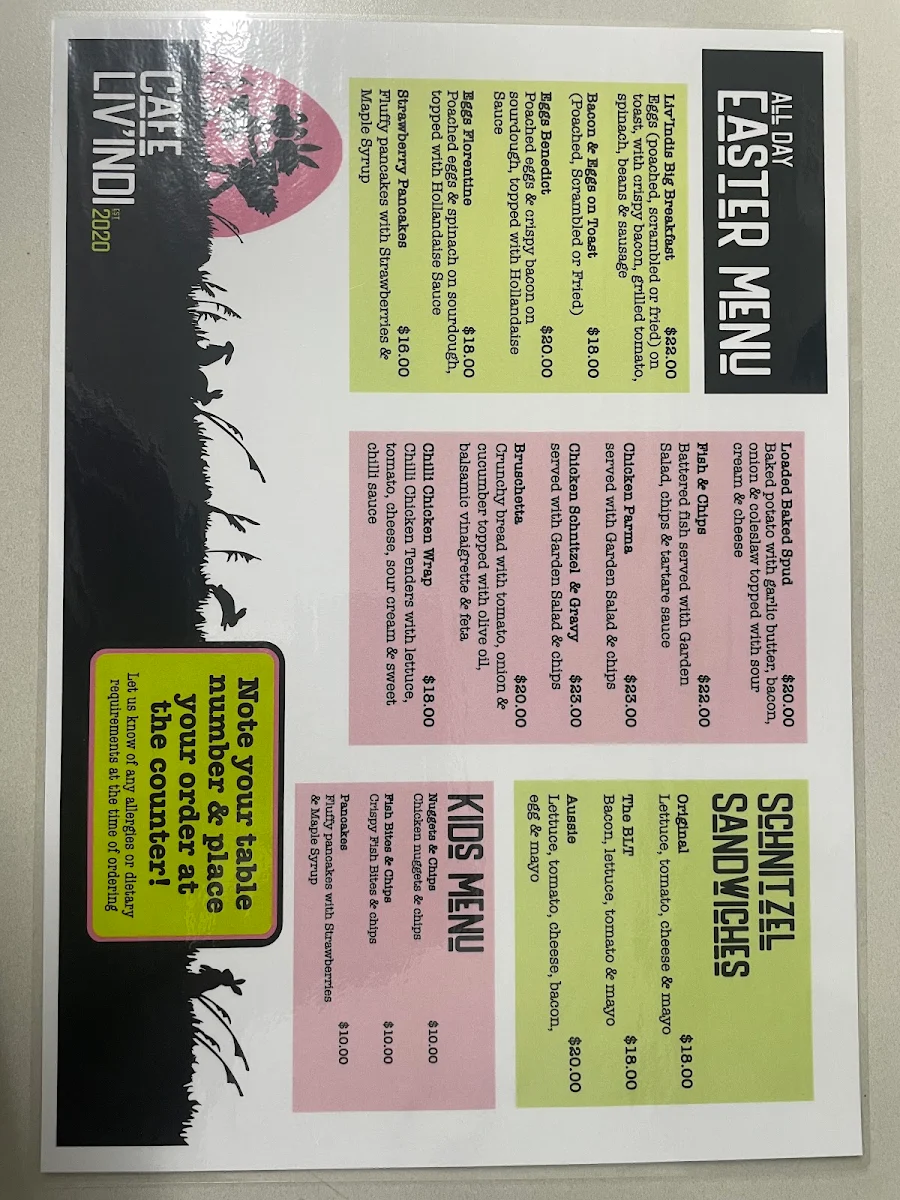 Menu, Cafe Liv'Indi