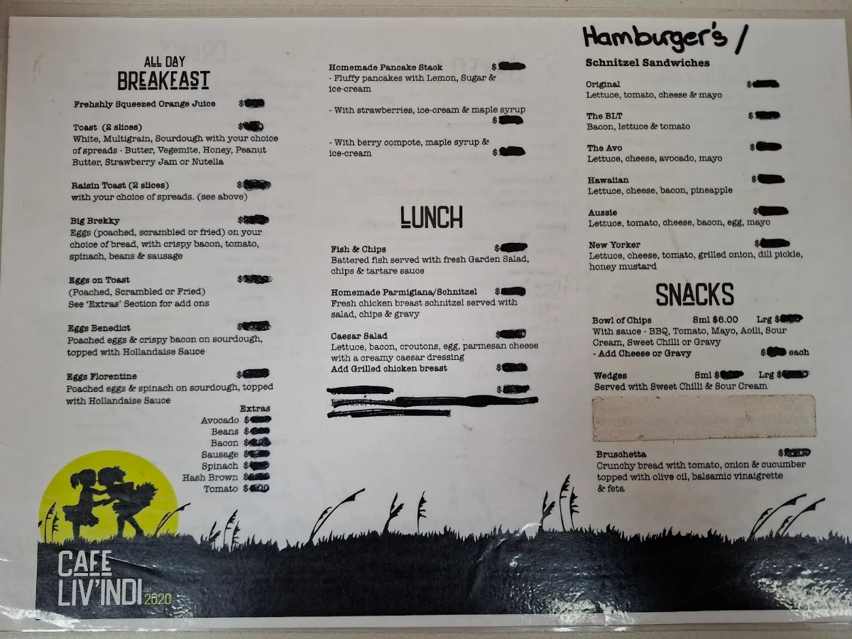 Menu, Cafe Liv'Indi