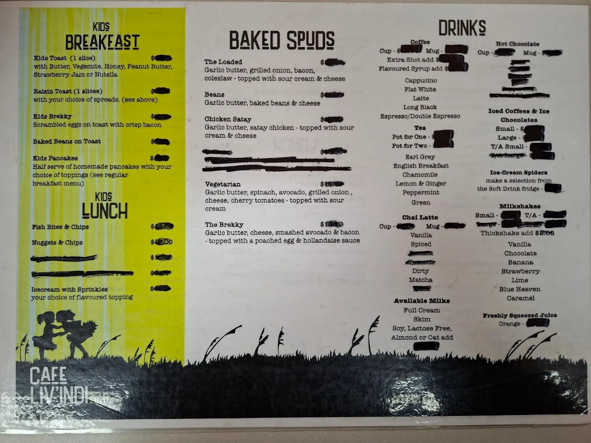 Menu, Cafe Liv'Indi