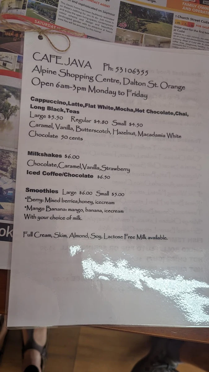 Menu, Cafe Java