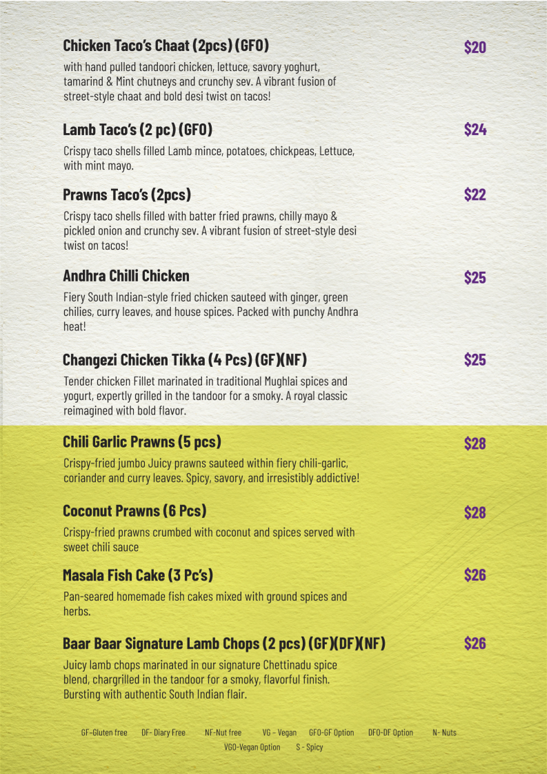 Menu, Baar Baar Milton
