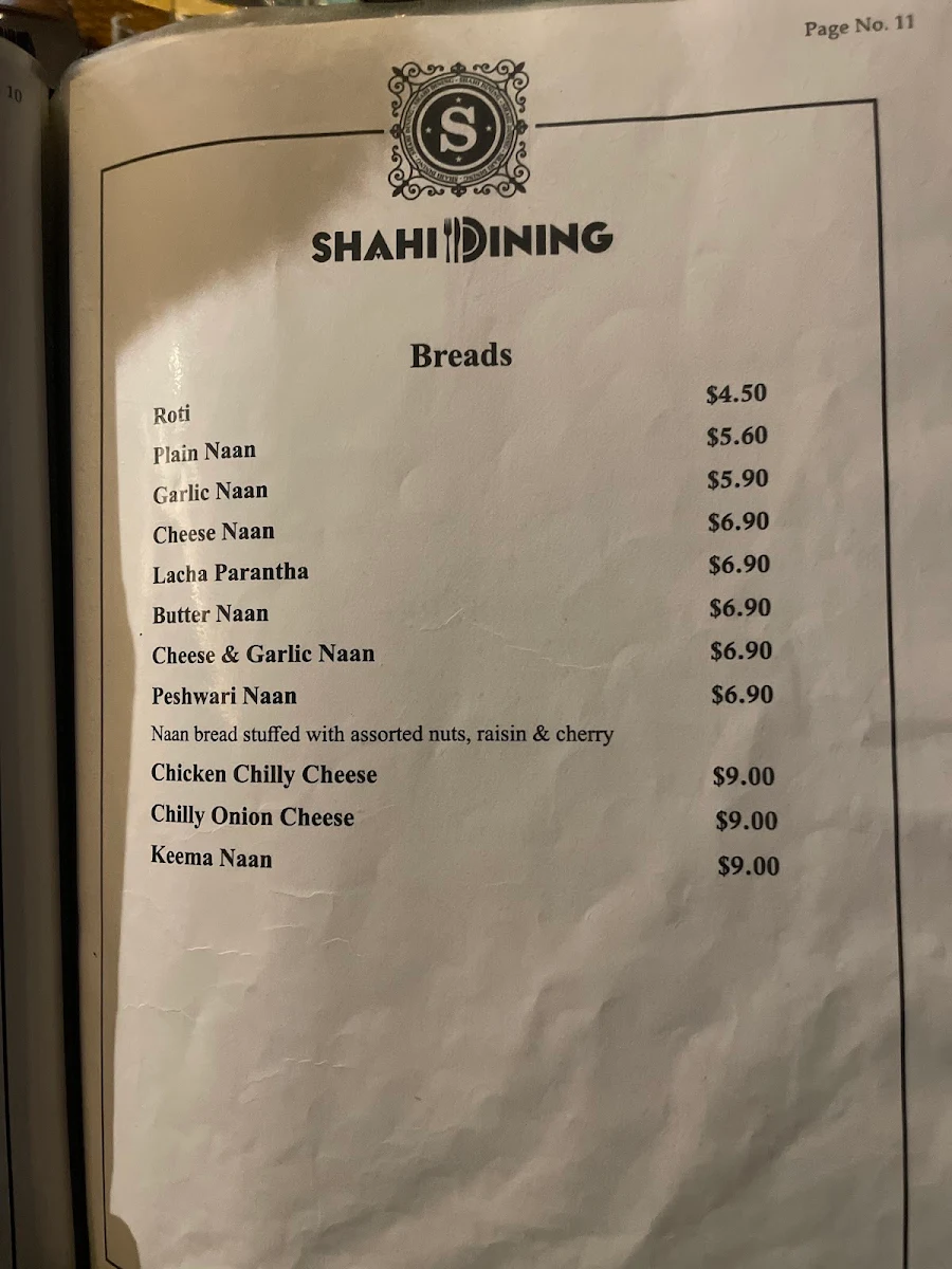 Menu, Shahi Dining Rouse Hill