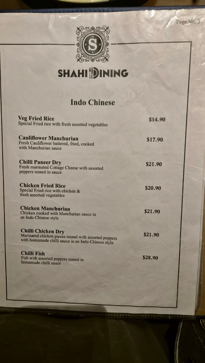 Menu, Shahi Dining Rouse Hill