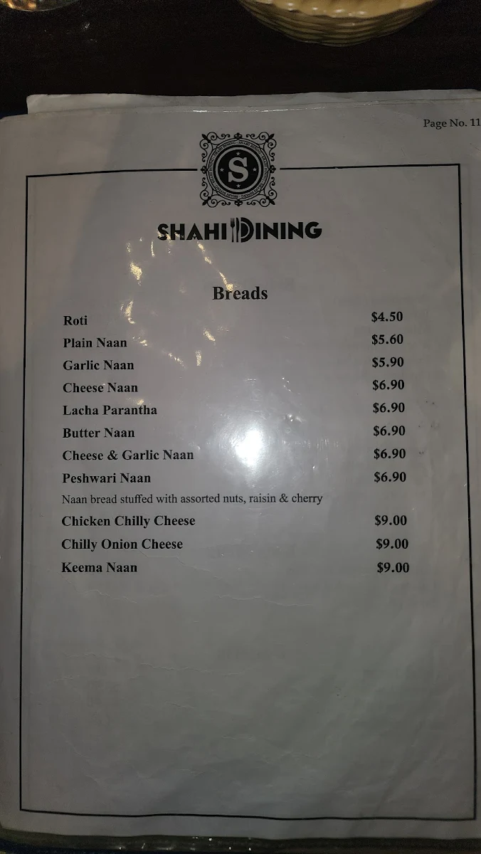 Menu, Shahi Dining Rouse Hill