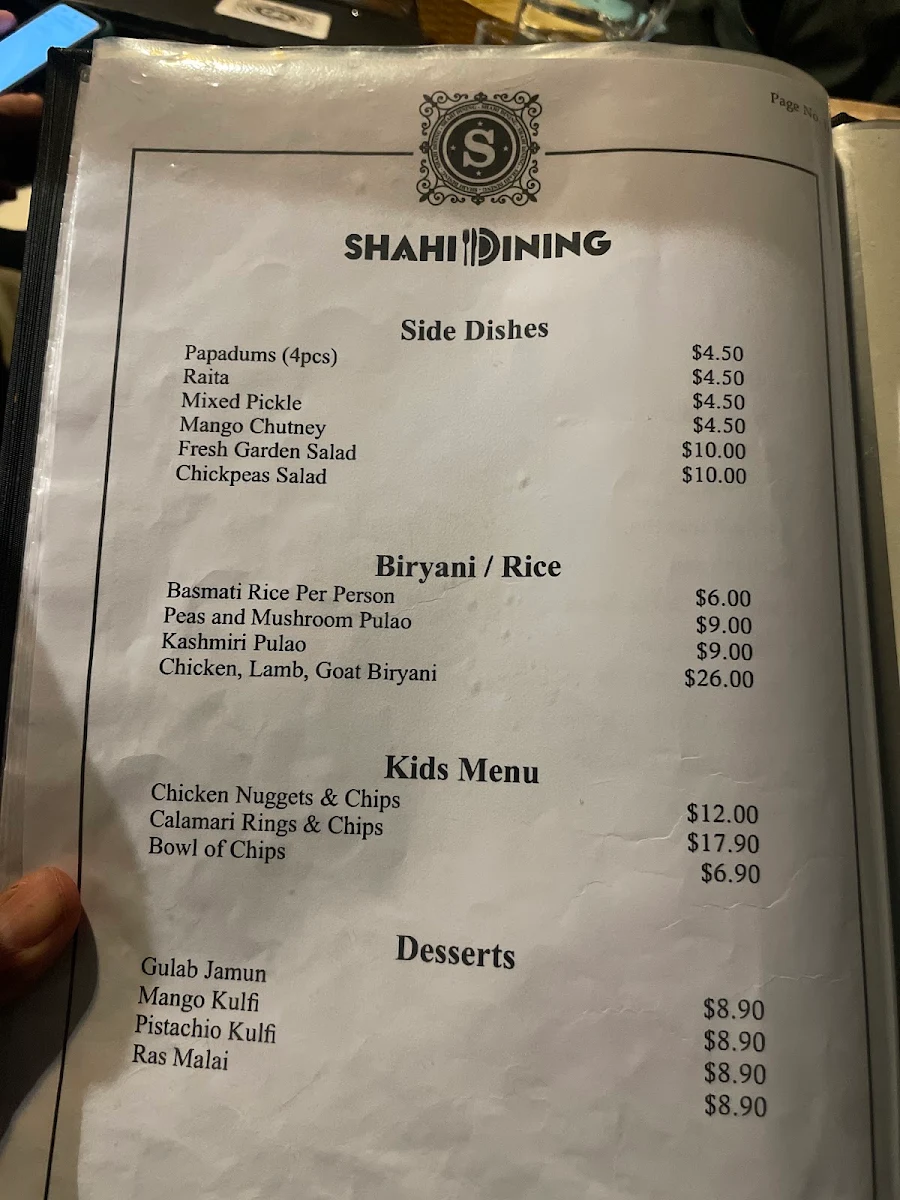 Menu, Shahi Dining Rouse Hill