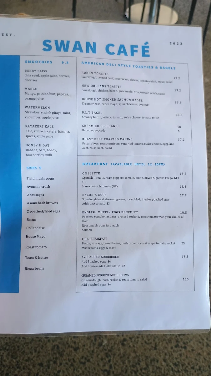 Menu, Swan Cafe