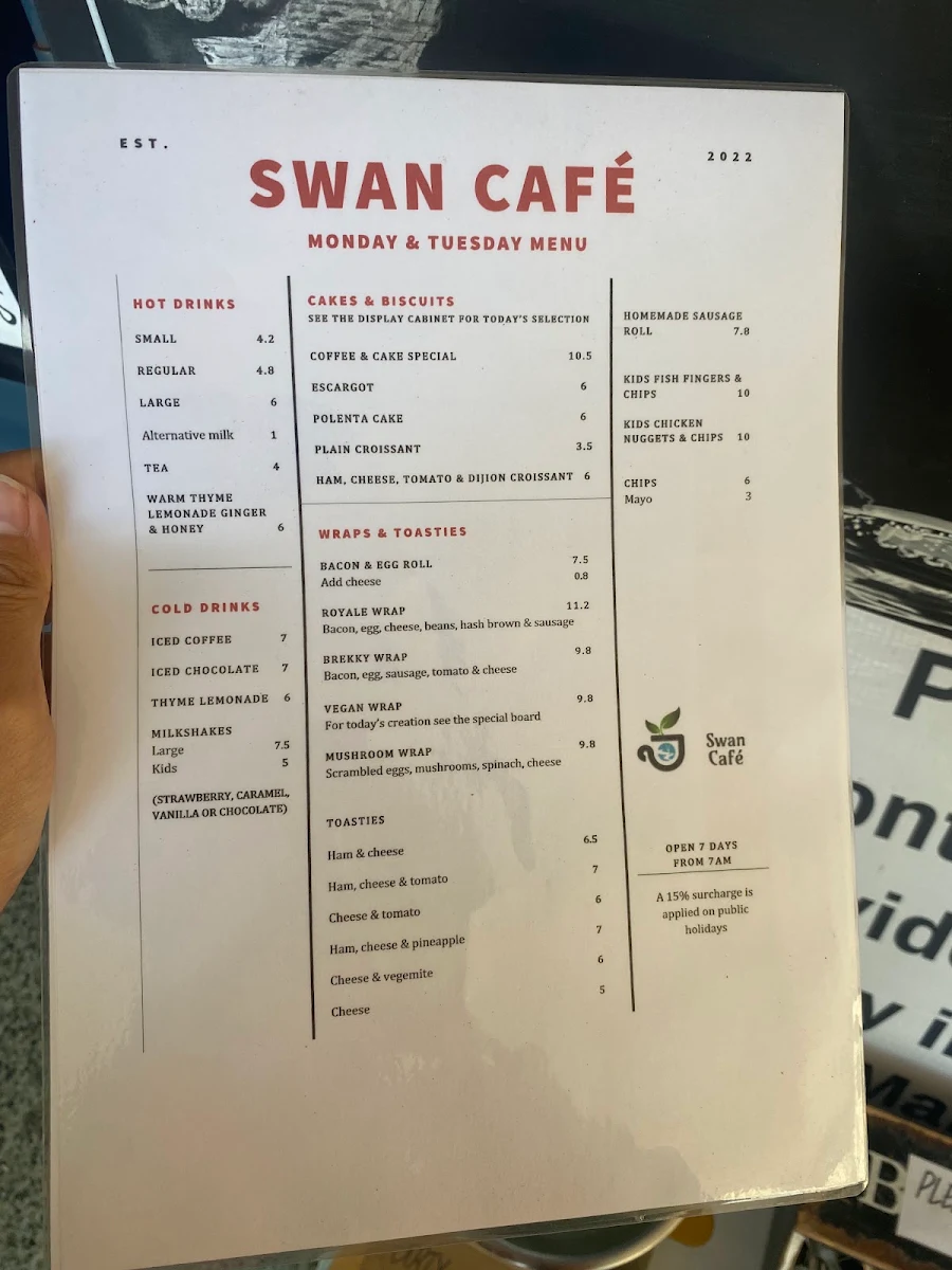 Menu, Swan Cafe
