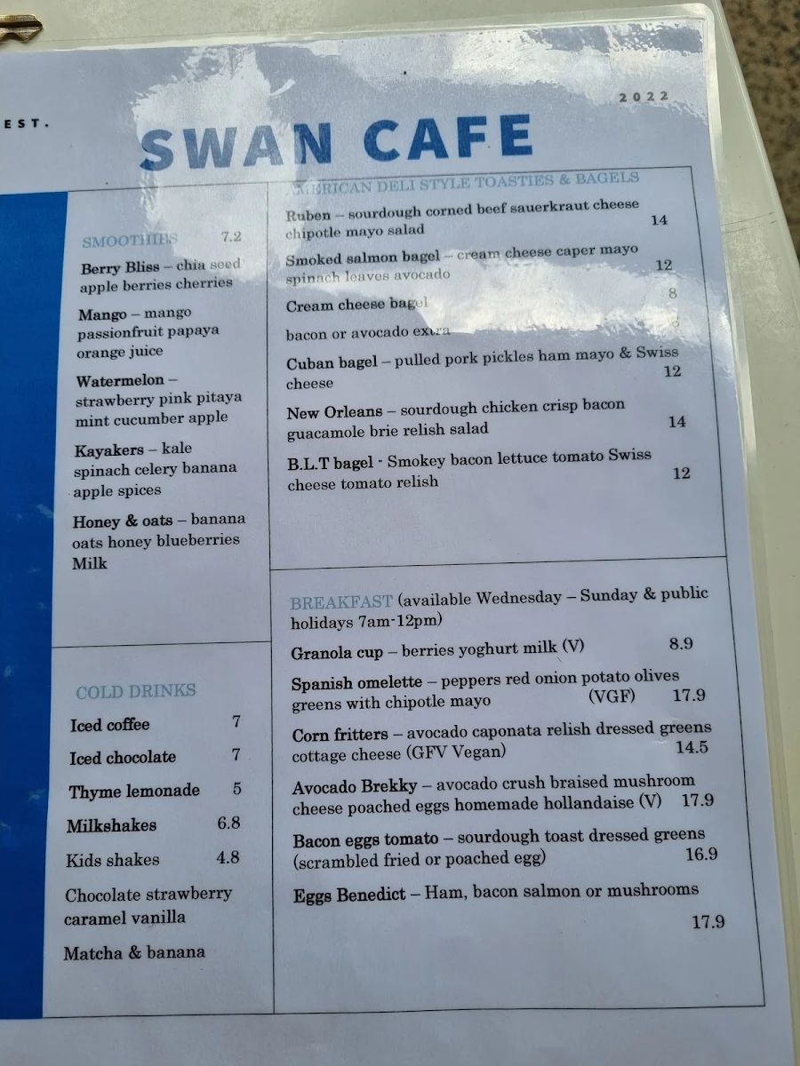 Menu, Swan Cafe
