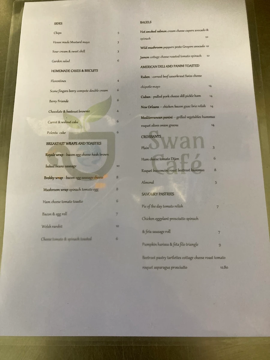 Menu, Swan Cafe