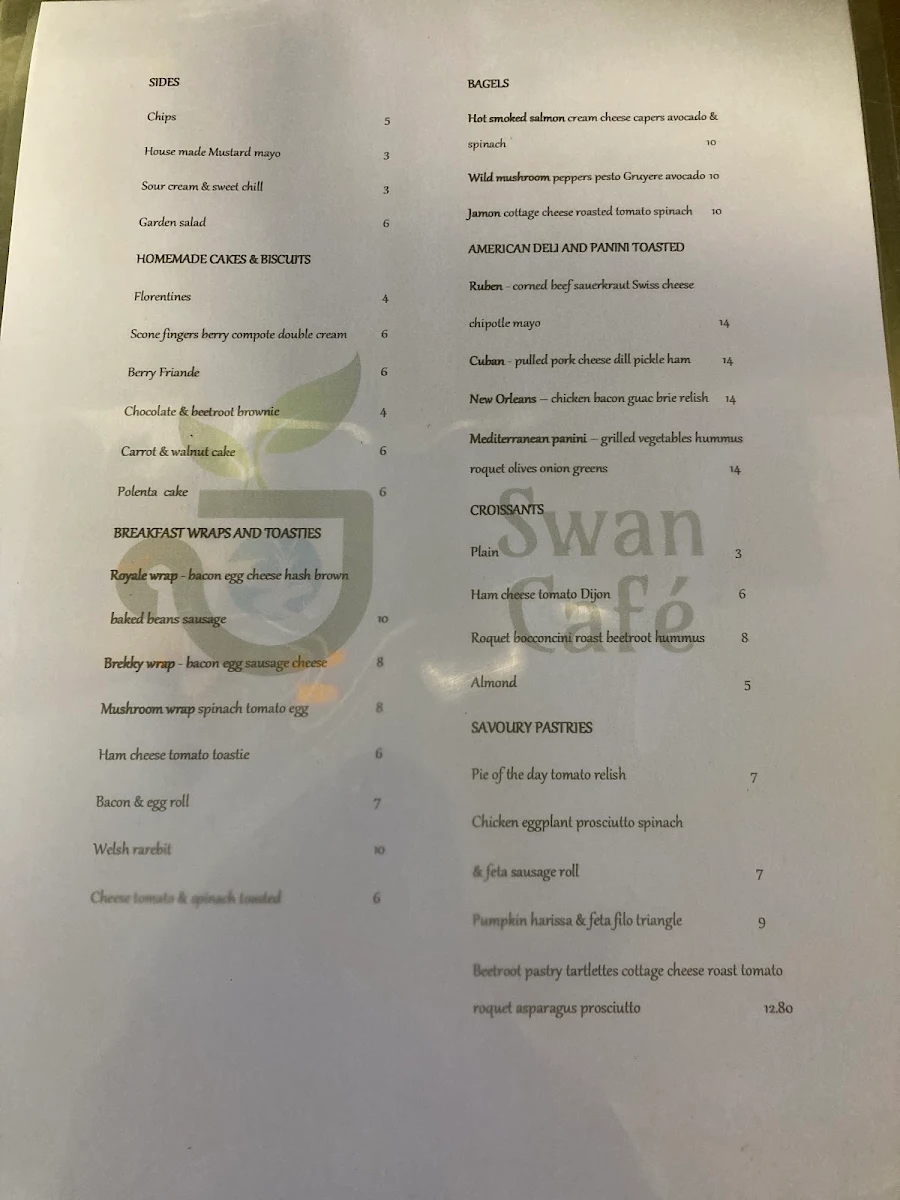 Menu, Swan Cafe
