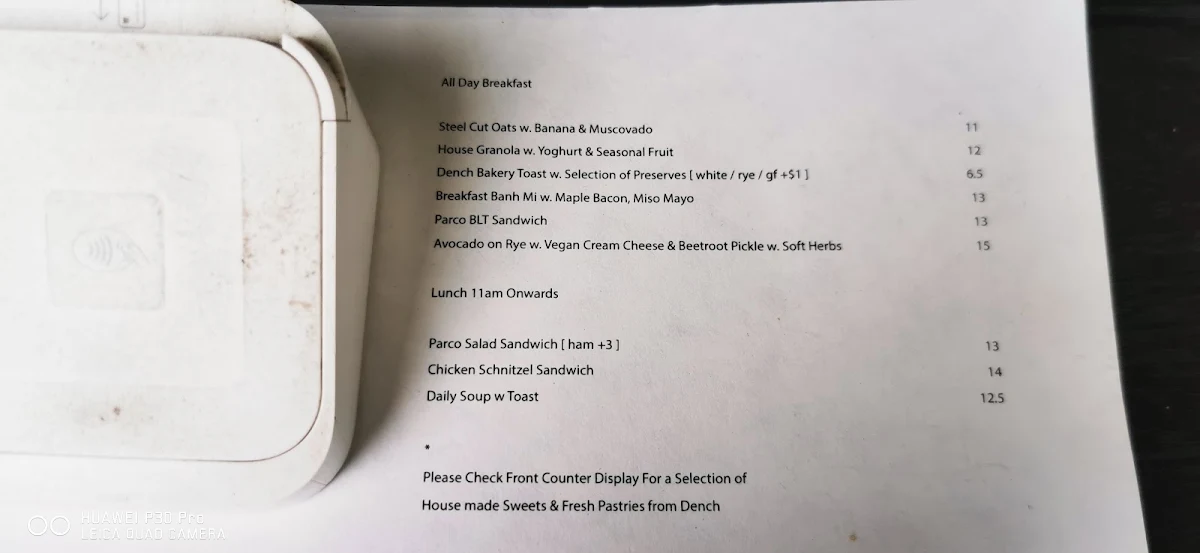 Menu, Parco Canteen