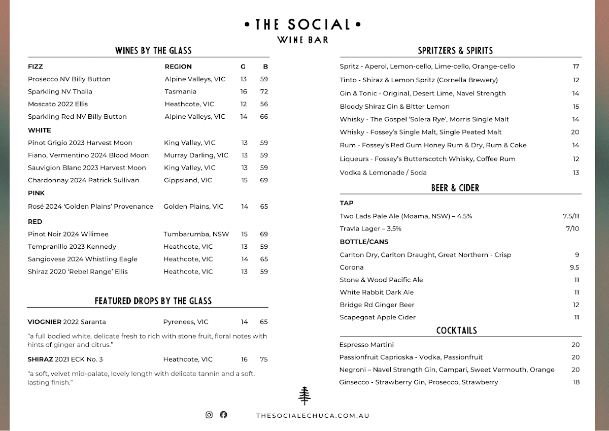 Menu, The Social Wine Bar