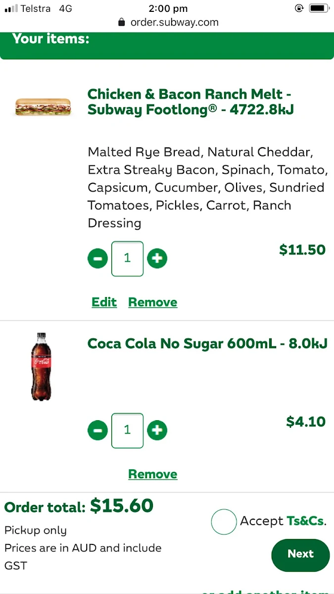 Menu, Subway