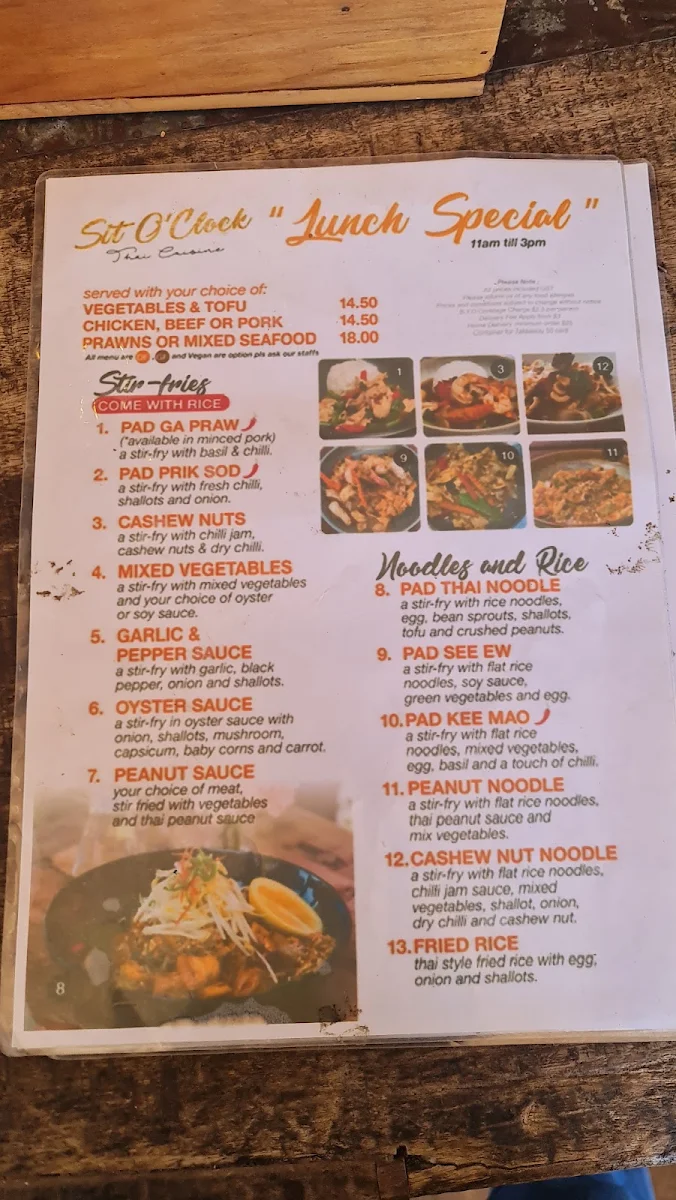 Menu, Sit O'Clock Thai Restaurant and Takeaway