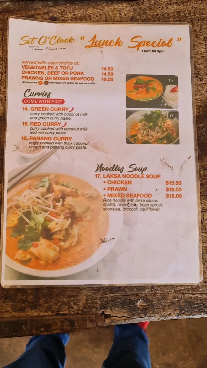 Menu, Sit O'Clock Thai Restaurant and Takeaway