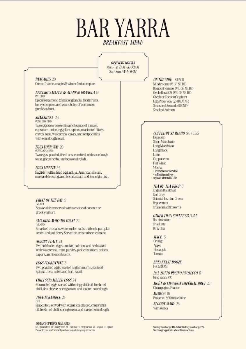 Menu, Bar Yarra