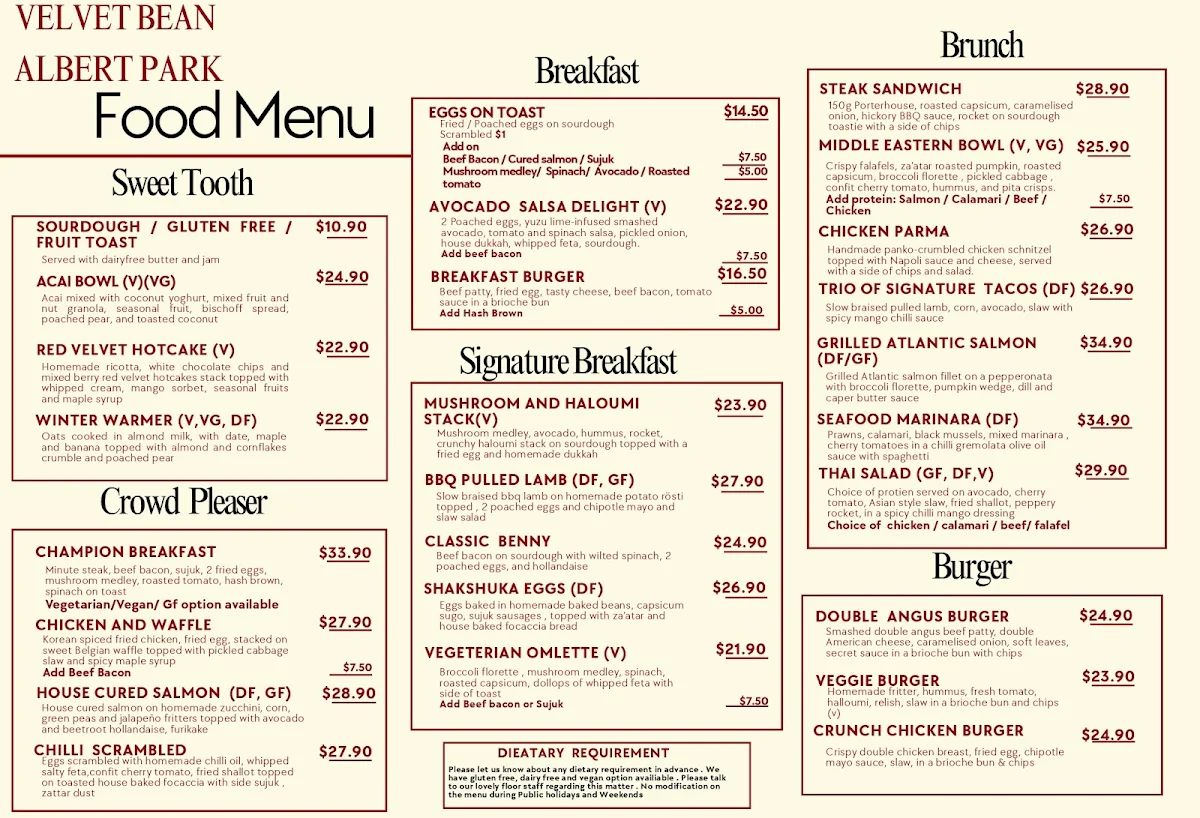 Menu, VB albert park