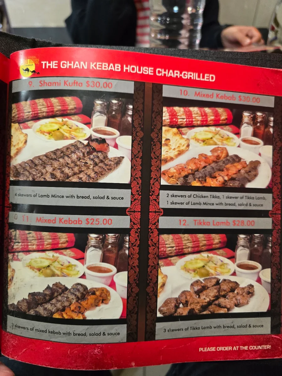 Menu, The Ghan Kebab House