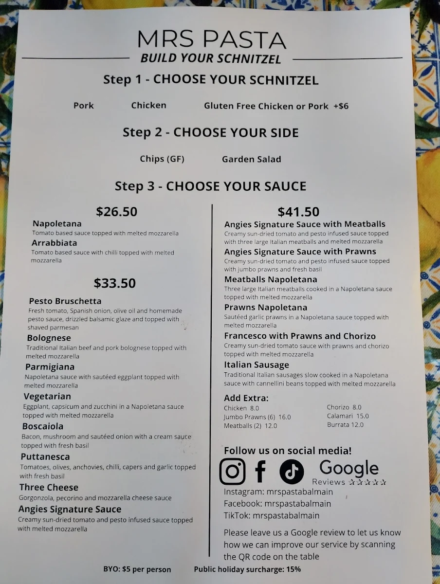 Menu, Mrs Pasta Balmain