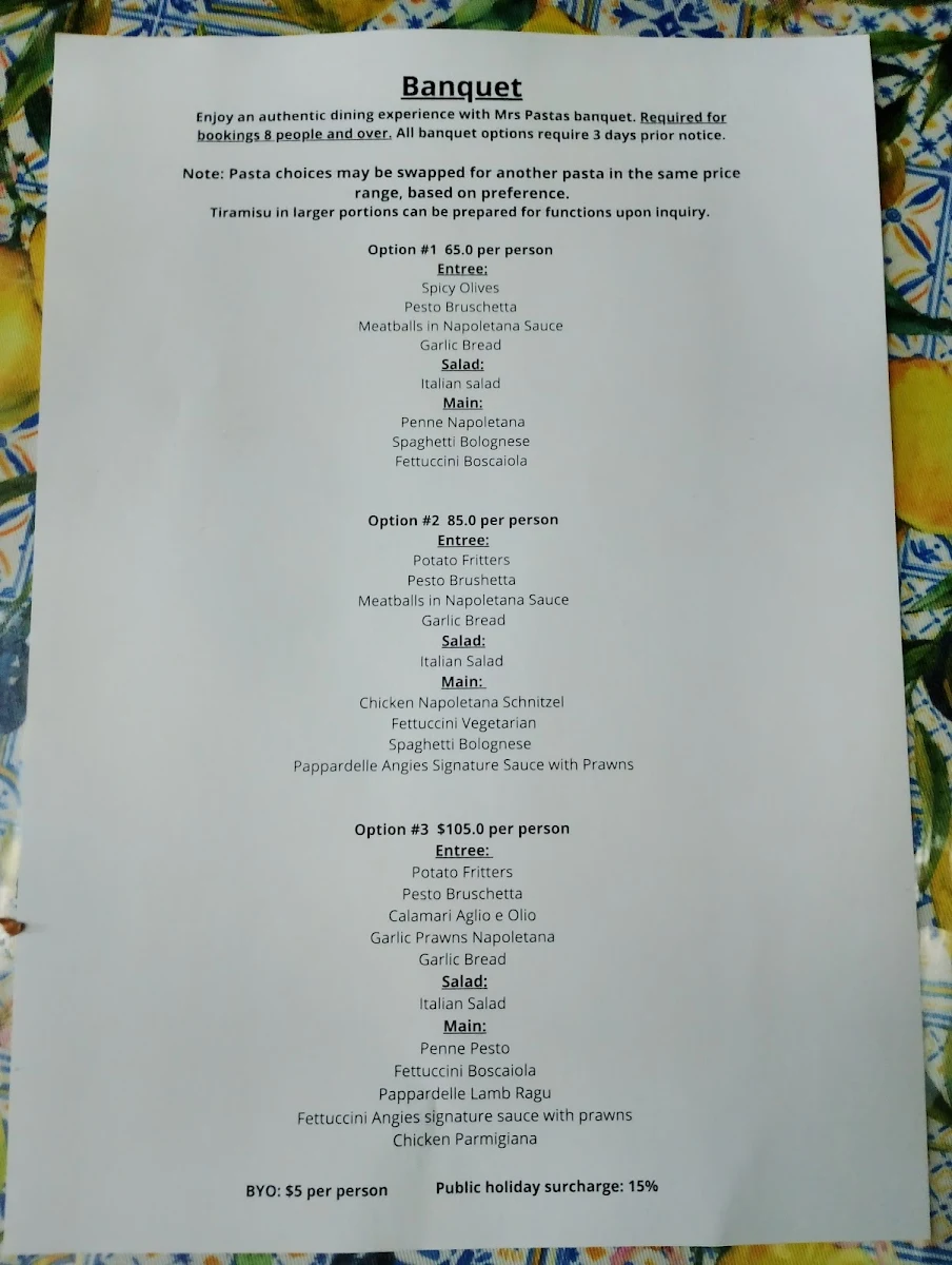 Menu, Mrs Pasta Balmain