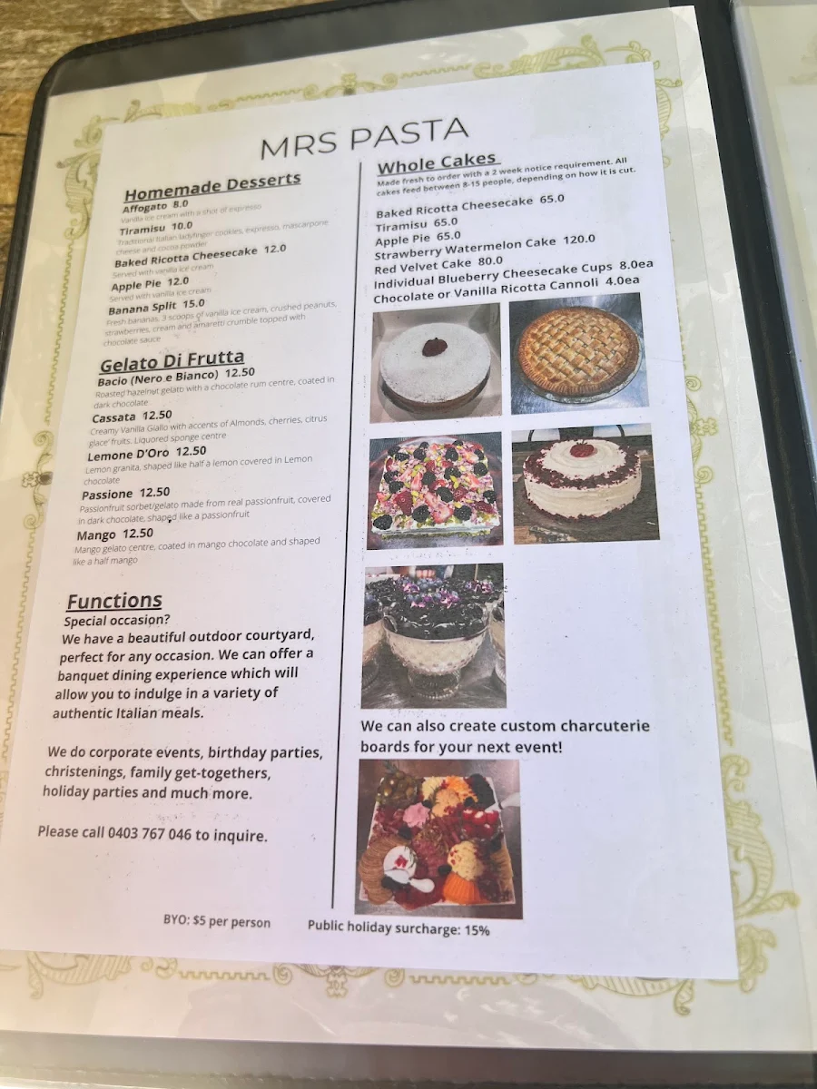 Menu, Mrs Pasta Balmain