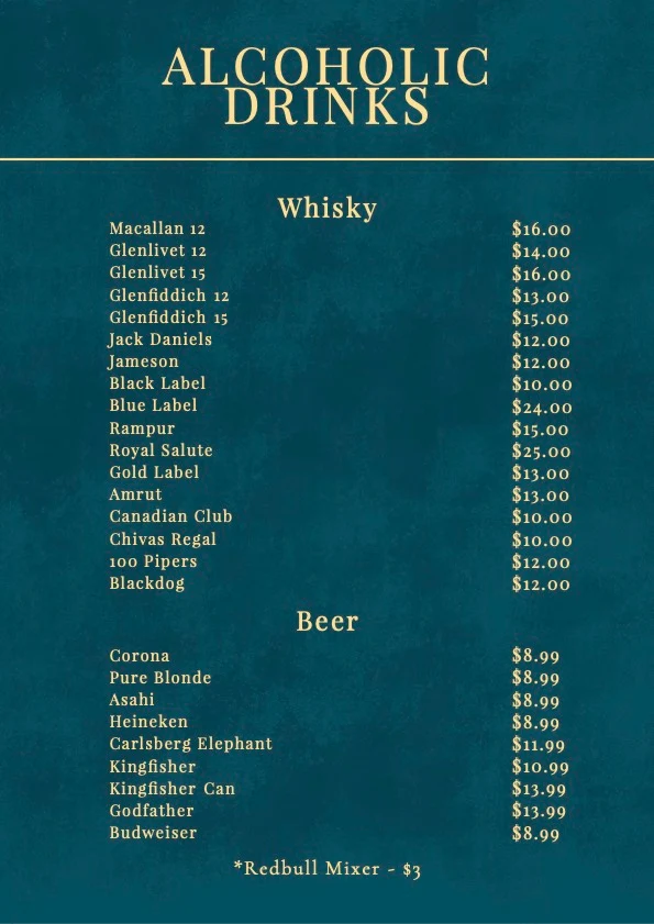 Menu, Majnu Bar & Lounge