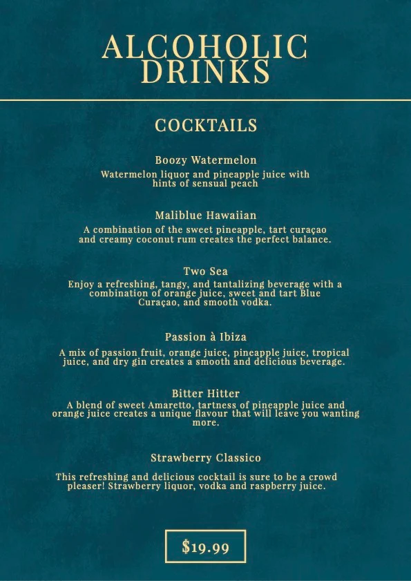 Menu, Majnu Bar & Lounge