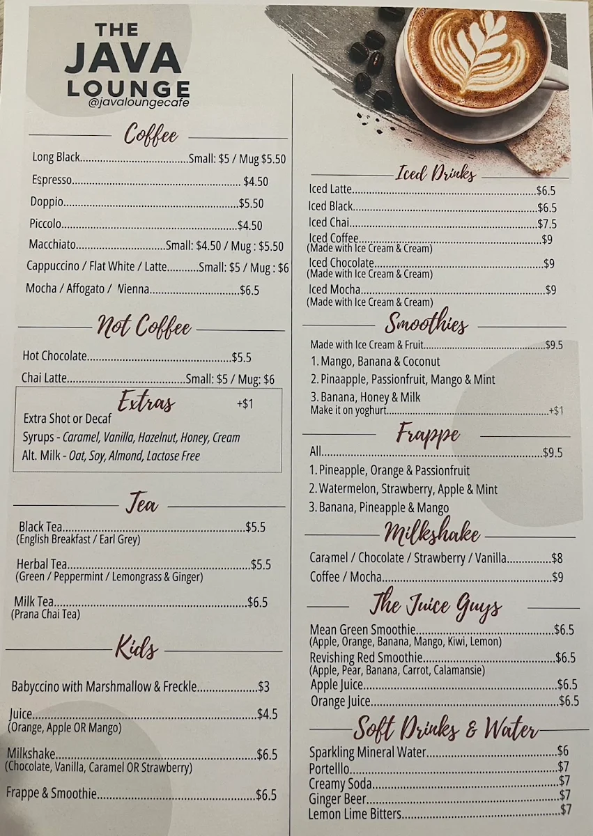 Menu, The Java Lounge Paddington